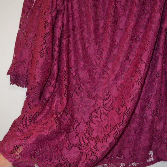 OURS Wine Red Lace Floral Open Shoulders Bohemian Style Silky Lining Blouse L - Picture 7 of 10